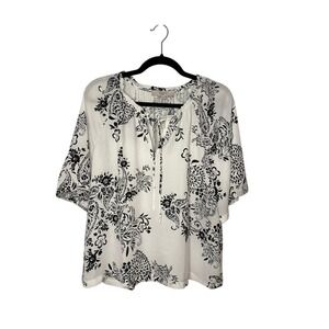 LOFT White Black Floral Paisley Tie Neck‎ Relaxed Fit Blouse Top Large NWT